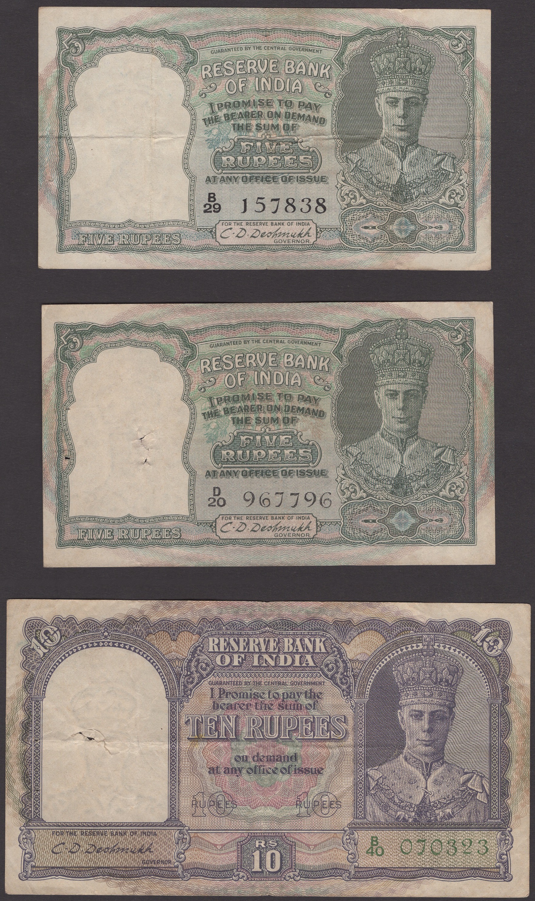 Reserve Bank of India, 5 Rupees (2), ND (1943), black serial numbers B/29 157838 and D/20...