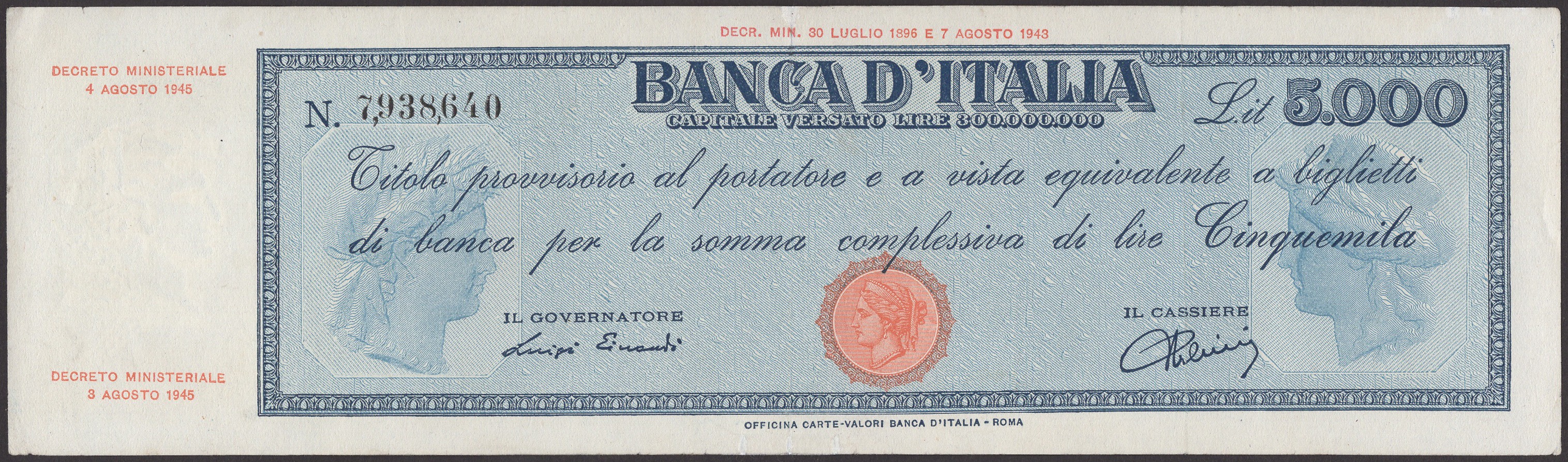 Banca d'Italia, 5000 Lire, 4 August 1945, serial number 7938640, Einaudi and Urbini...