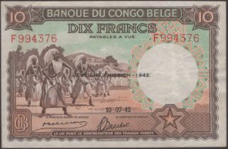 Banque du Congo Belge, 10 Francs, 10 July 1942, serial number F994376, lovely original...