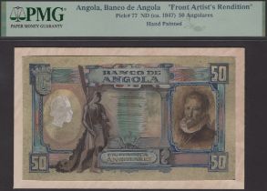 Banco de Angola, obverse and reverse hand painted designs for the 50 Angolares of 1944,...