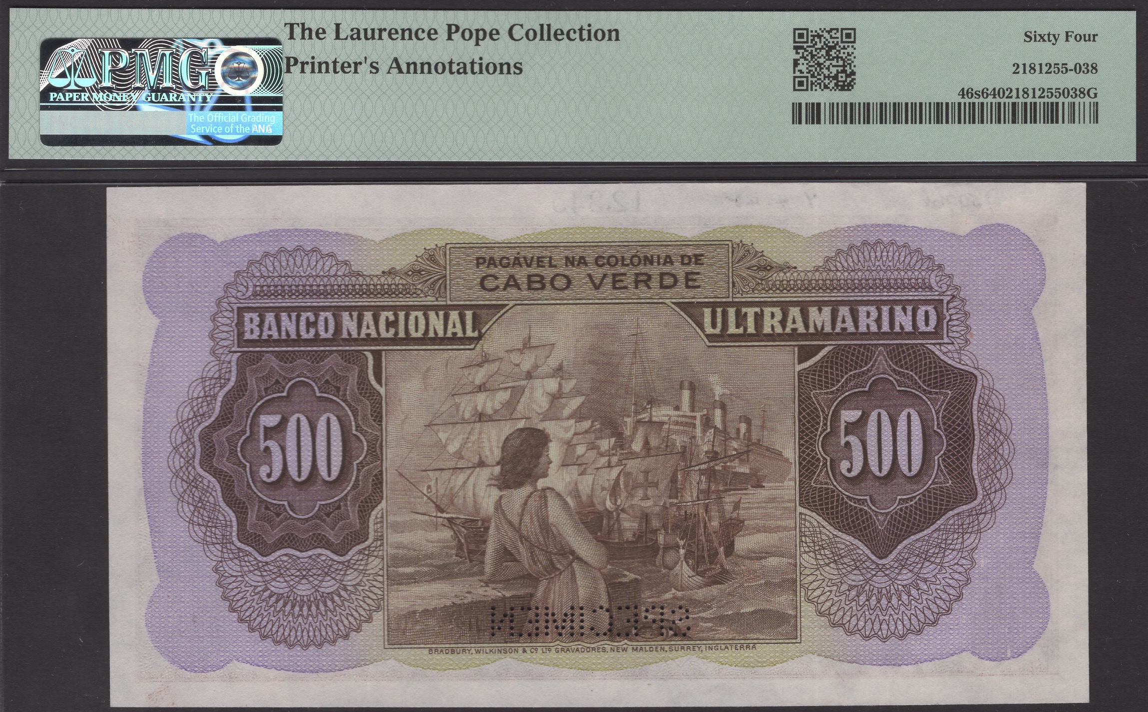 Banco Nacional Ultramarino, Cape Verde, printers archival specimen 500 Escudos (3), 16... - Bild 4 aus 4