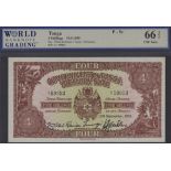 Government of Tonga, 4 Shillings, 19 September 1955, serial number C/1 59953, in WBG holder...