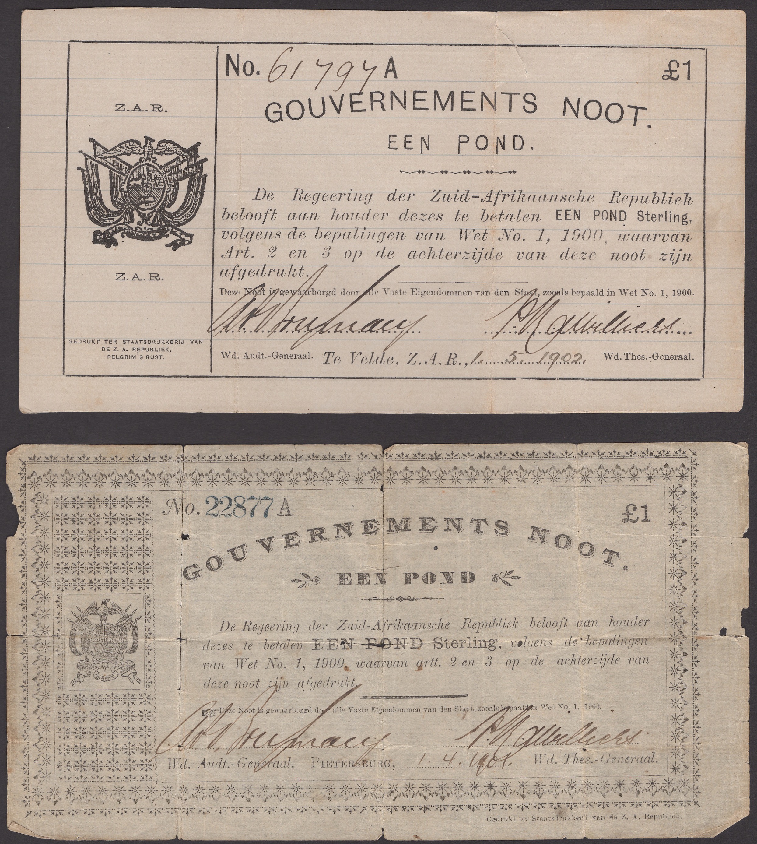 Gouvernements Noots, Â£1, Pietersburg, 1 April, 1901, serial number 22877A, Â£1, Ta Velde,...