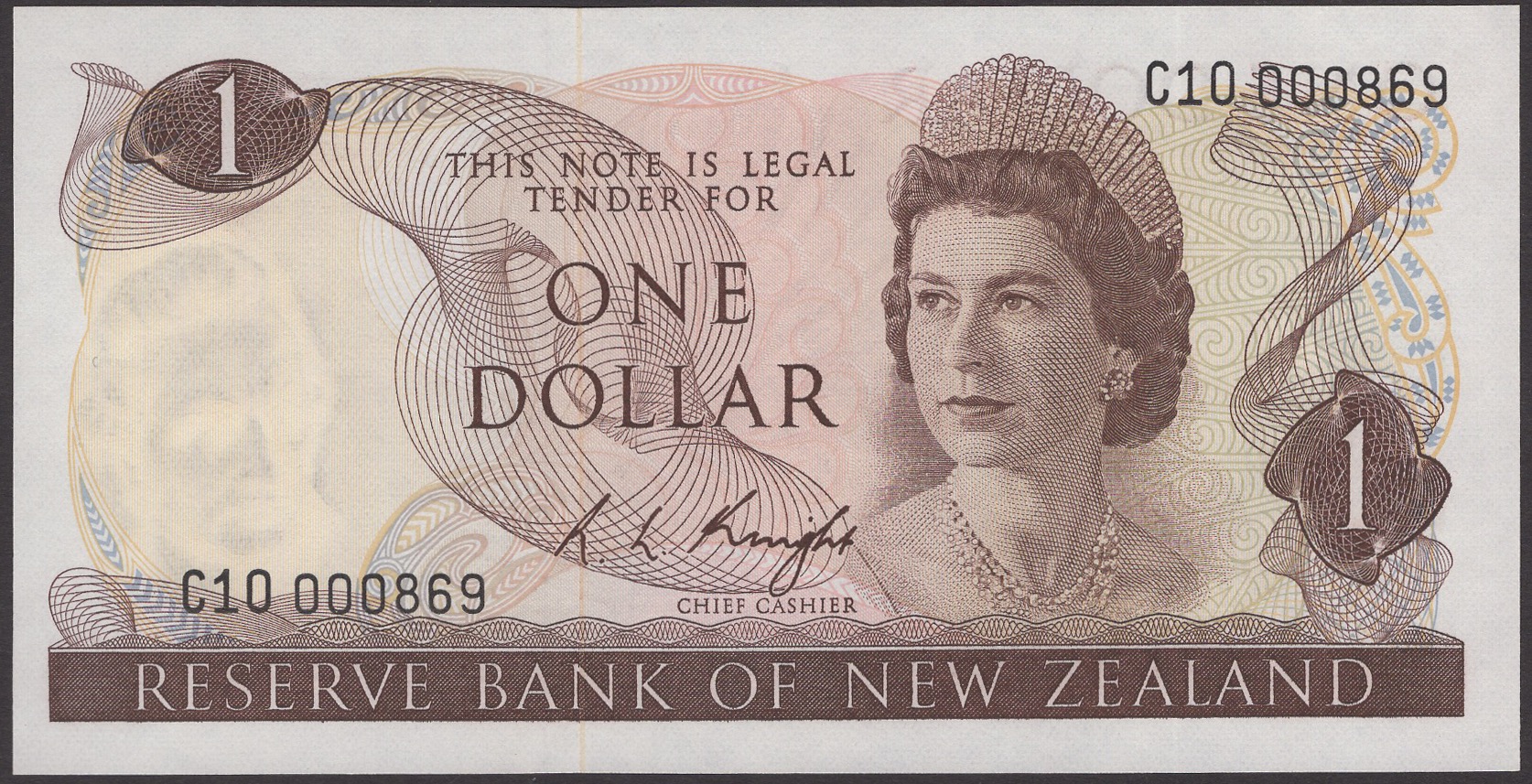 Reserve Bank of New Zealand, $1, ND (1975), serial number C10 000869, Knight signature, a...