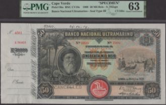 Banco Nacional Ultramarino, Cape Verde, printers archival specimen 50 Mil Reis, 1 March...