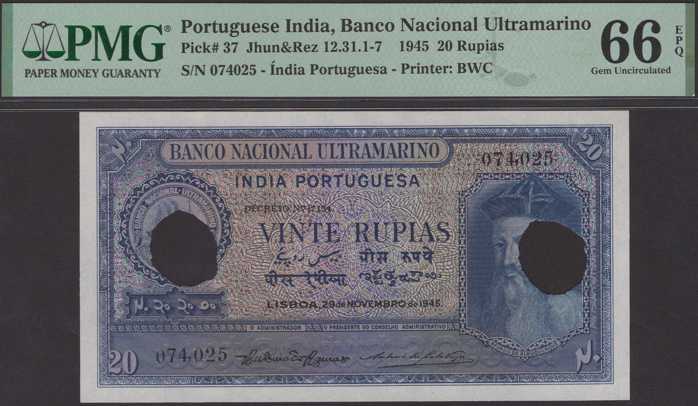 Banco Nacional Ultramarino, Portuguese India, 20 Rupias, 29 November 1945, serial number...