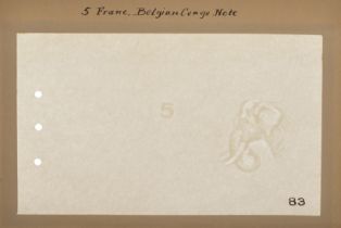 Banque du Congo Belge, watermarked paper (3) as used on the 5 Franc of 1924-30, glued into...