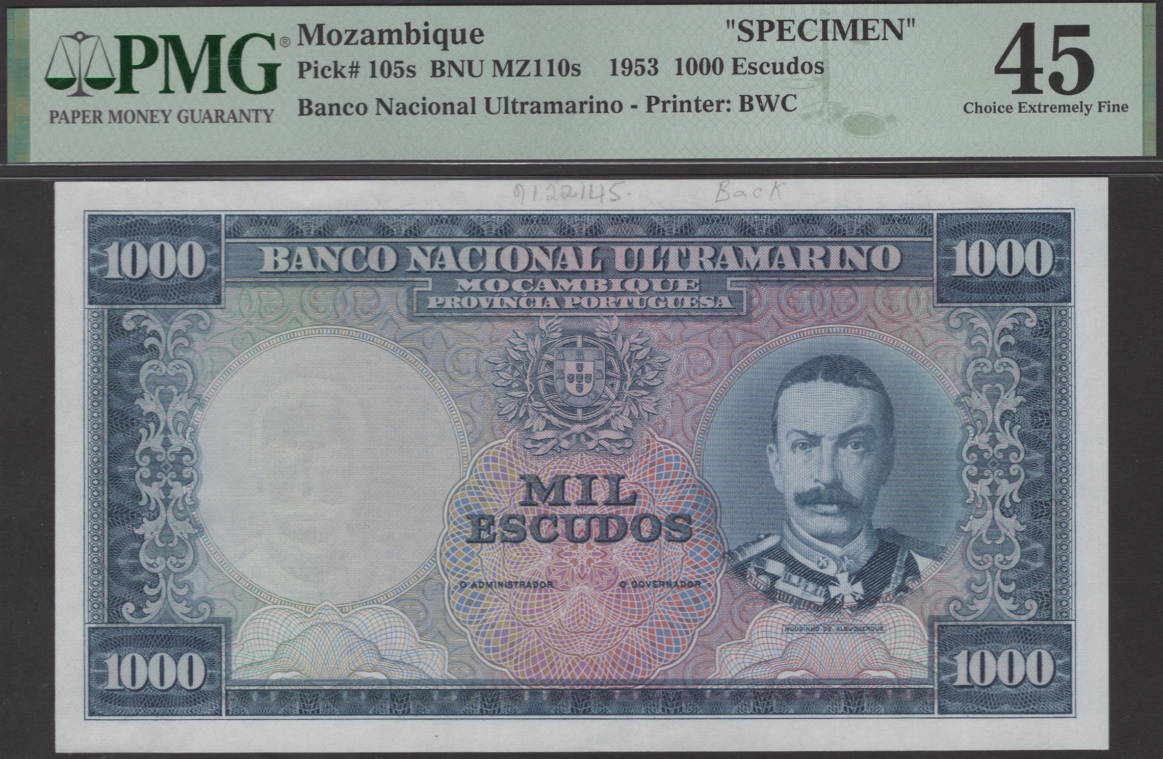 Banco Nacional Ultramarino, Mozambique, proof 1000 Escudos, ND (1967), no serial numbers or...