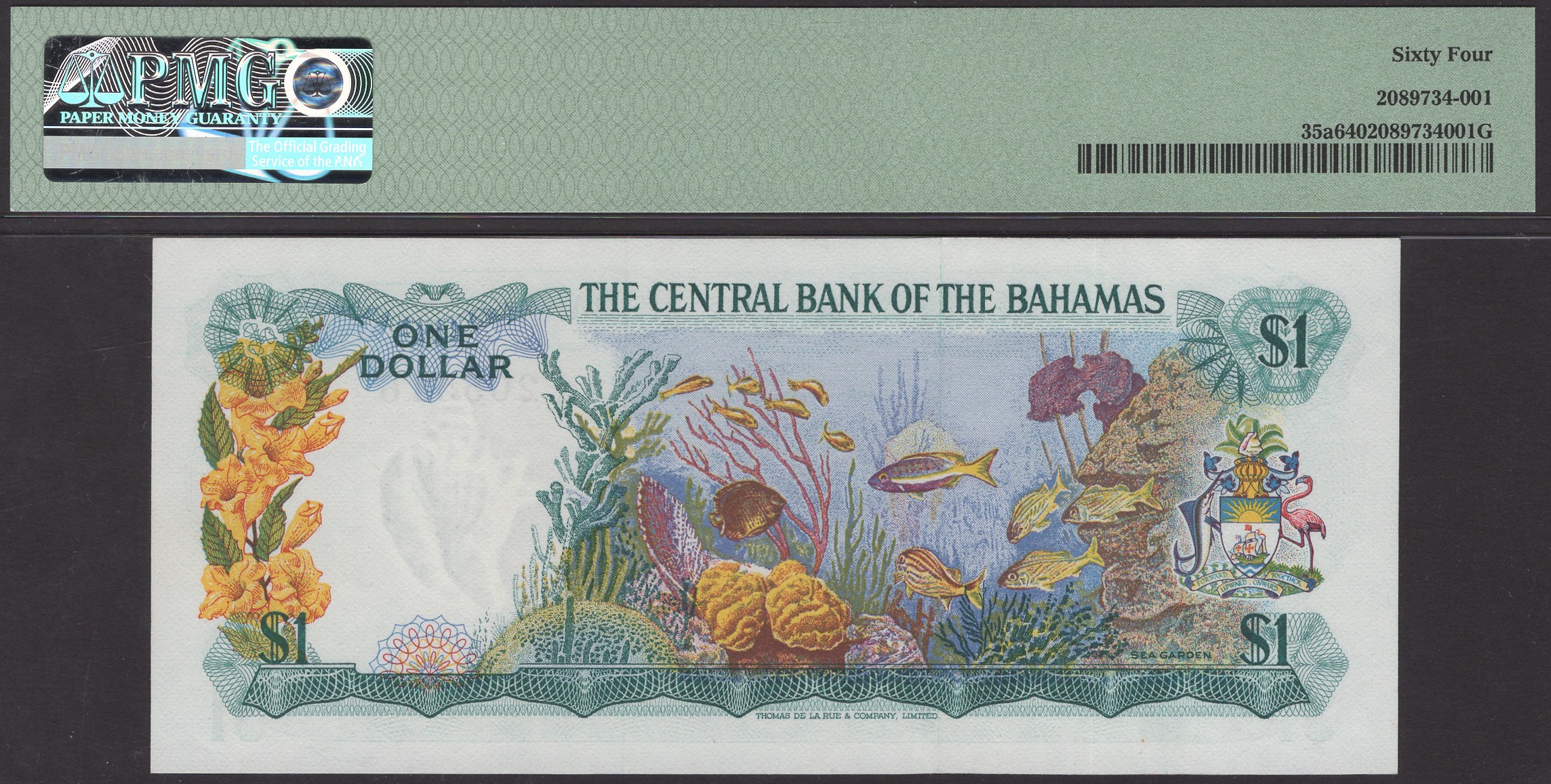 Central Bank of the Bahamas, $1, 1974, serial number A/1 205516, Donaldson signature, in... - Bild 2 aus 2