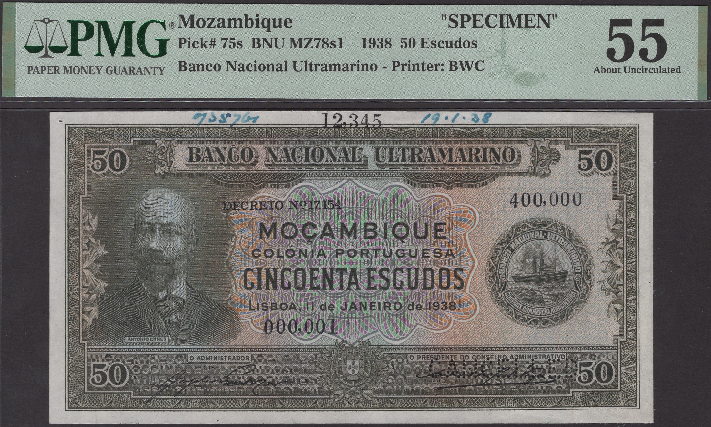 Banco Nacional Ultramarino, Mozambique, printers archival specimen 50 Escudos, 11 January...