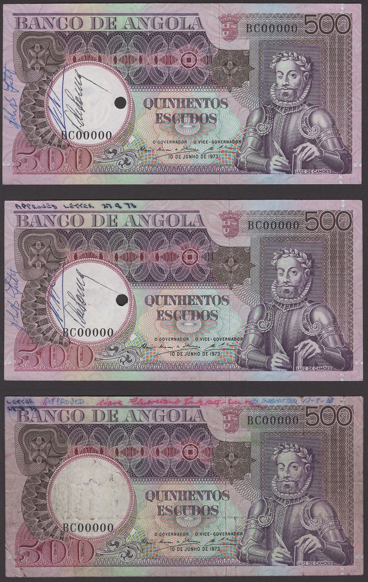 Banco de Angola, specimens for 500 Escudos (3), 10 June 1973, serial number BC00000, first...