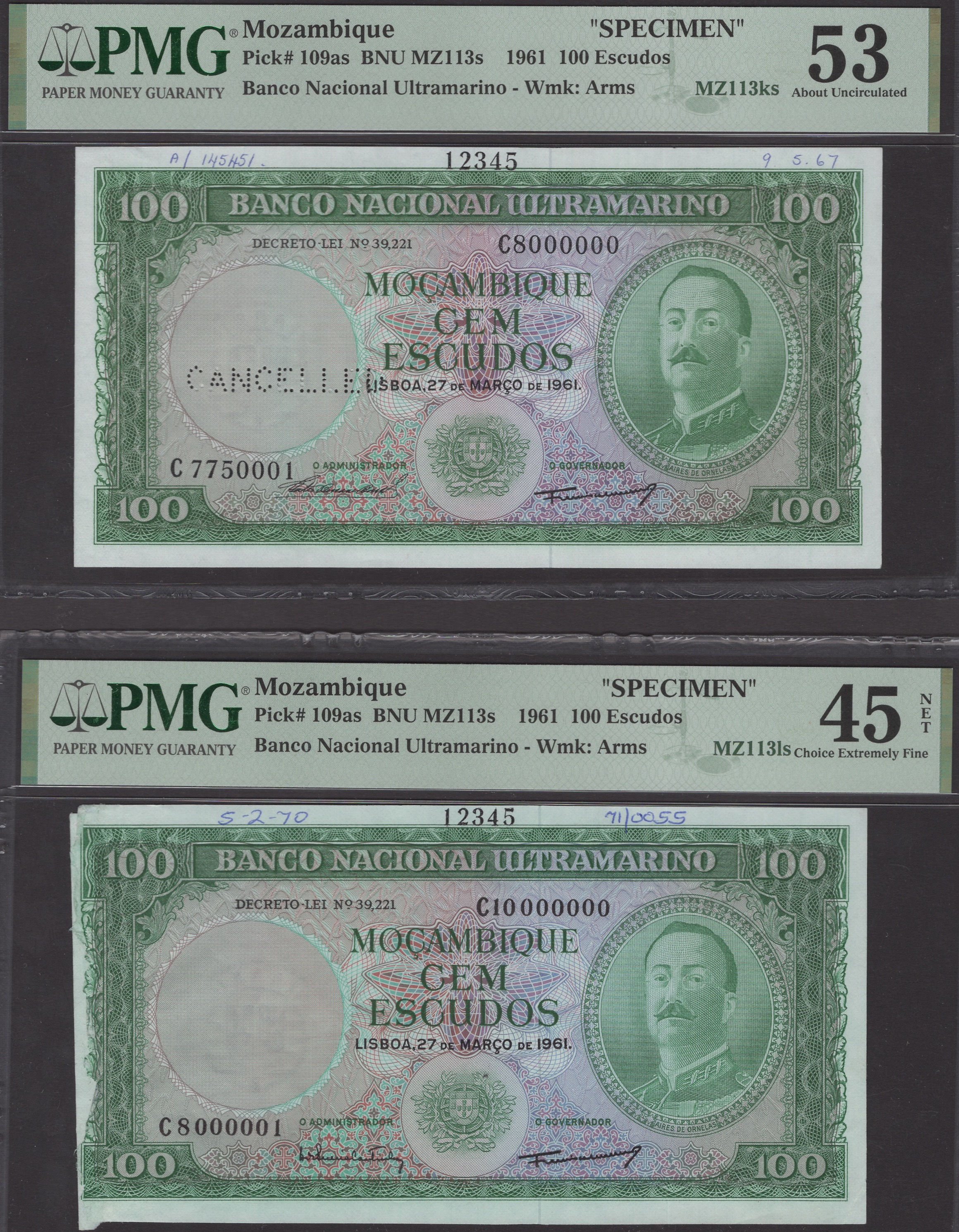 Banco Nacional Ultramarino, Mozambique, printers archival specimens for 100 Escudos (4), 27...