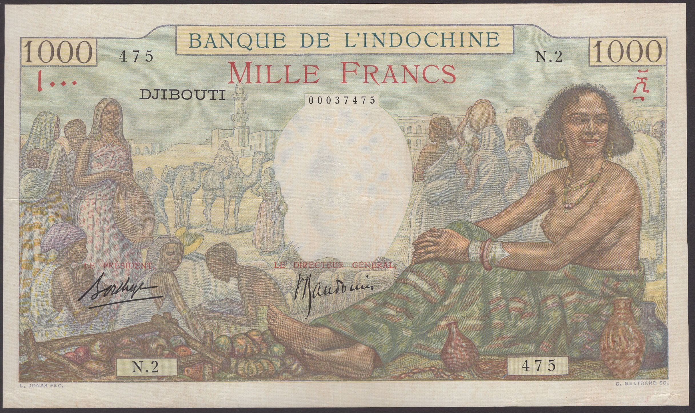 Banque de l'Indochine, French Somaliland, 1000 Francs, ND (1938), serial number N.2 475,...