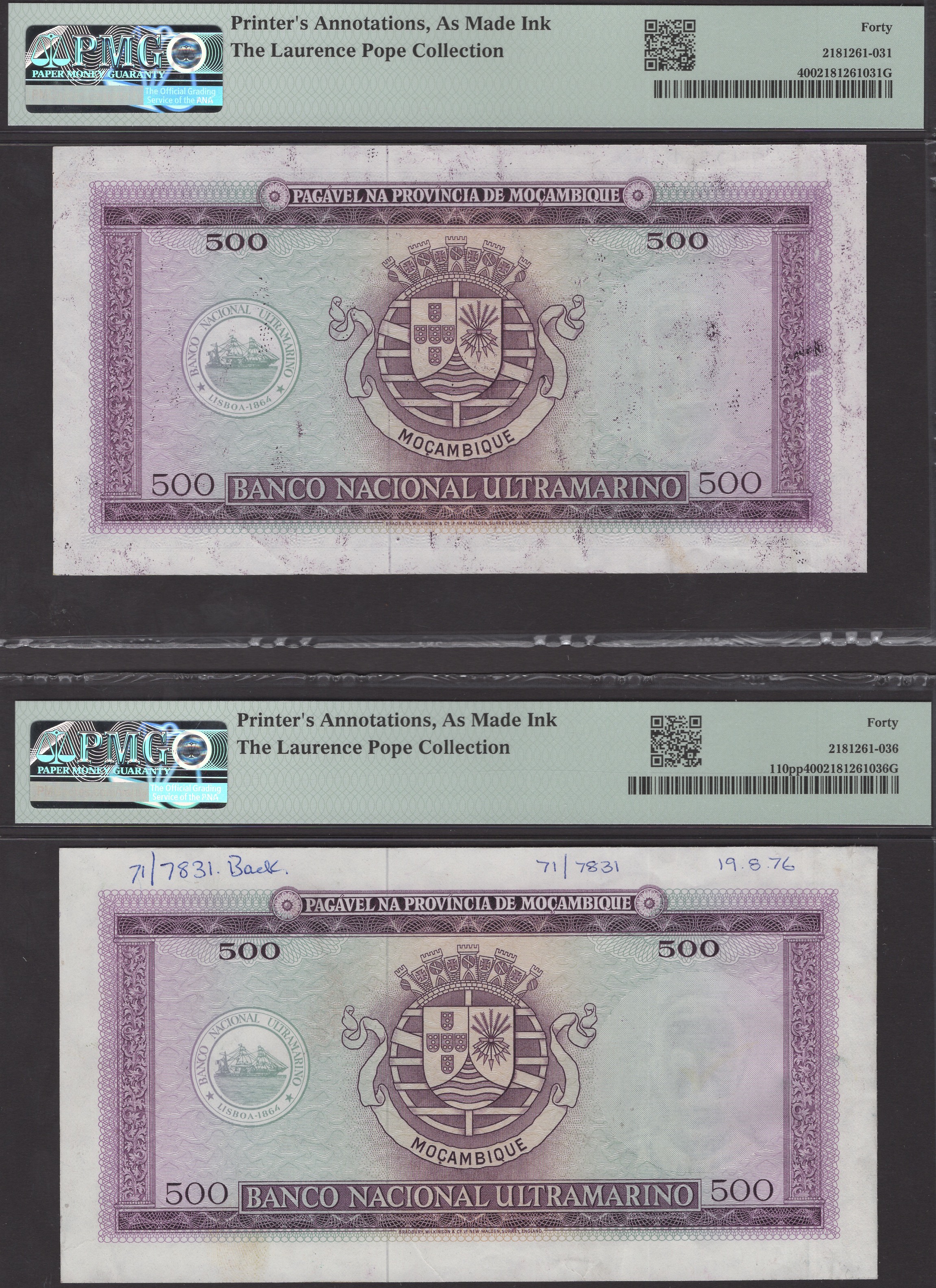 Banco Nacional Ultramarino, Mozambique, proofs for 500 Escudos (2), ND (1967), no serial... - Bild 2 aus 2