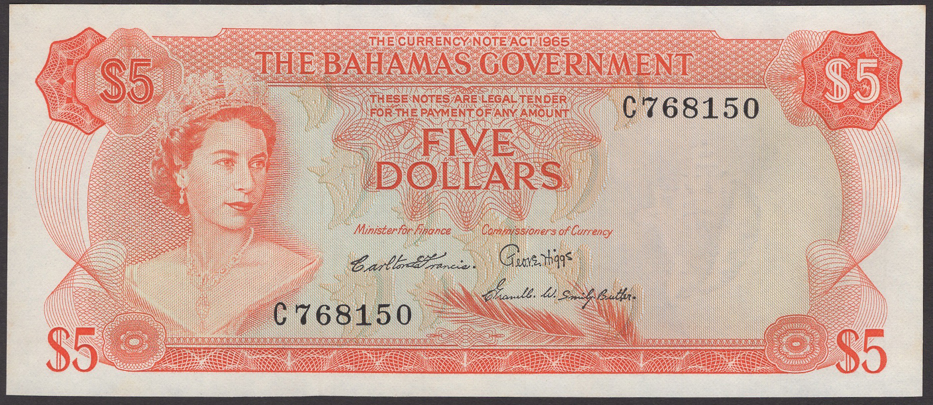Bahamas Government, $5, 1965, serial number C768150, Francis, Higgs and Smiley-Butler...