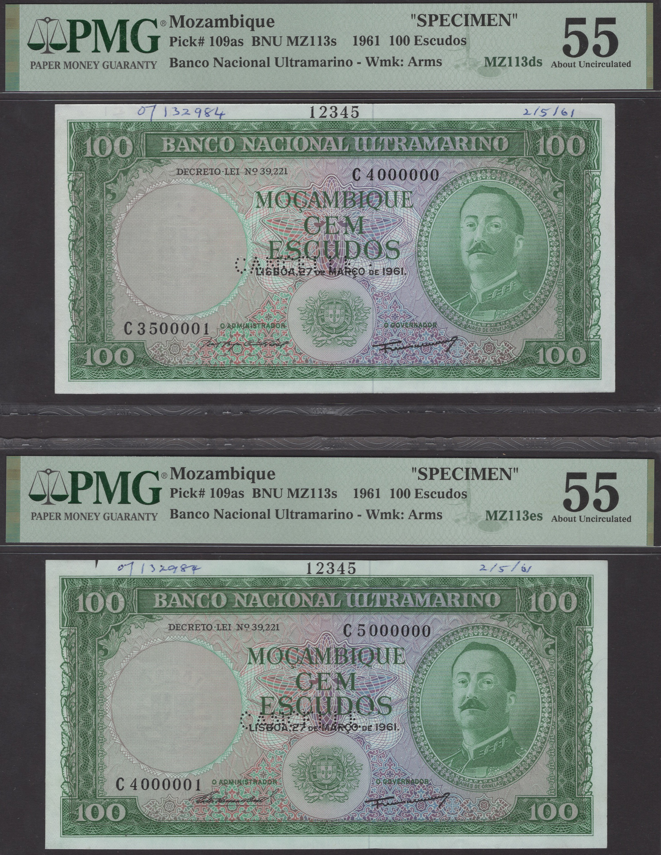 Banco Nacional Ultramarino, Mozambique, printers archival specimens for 100 Escudos (3), 27...