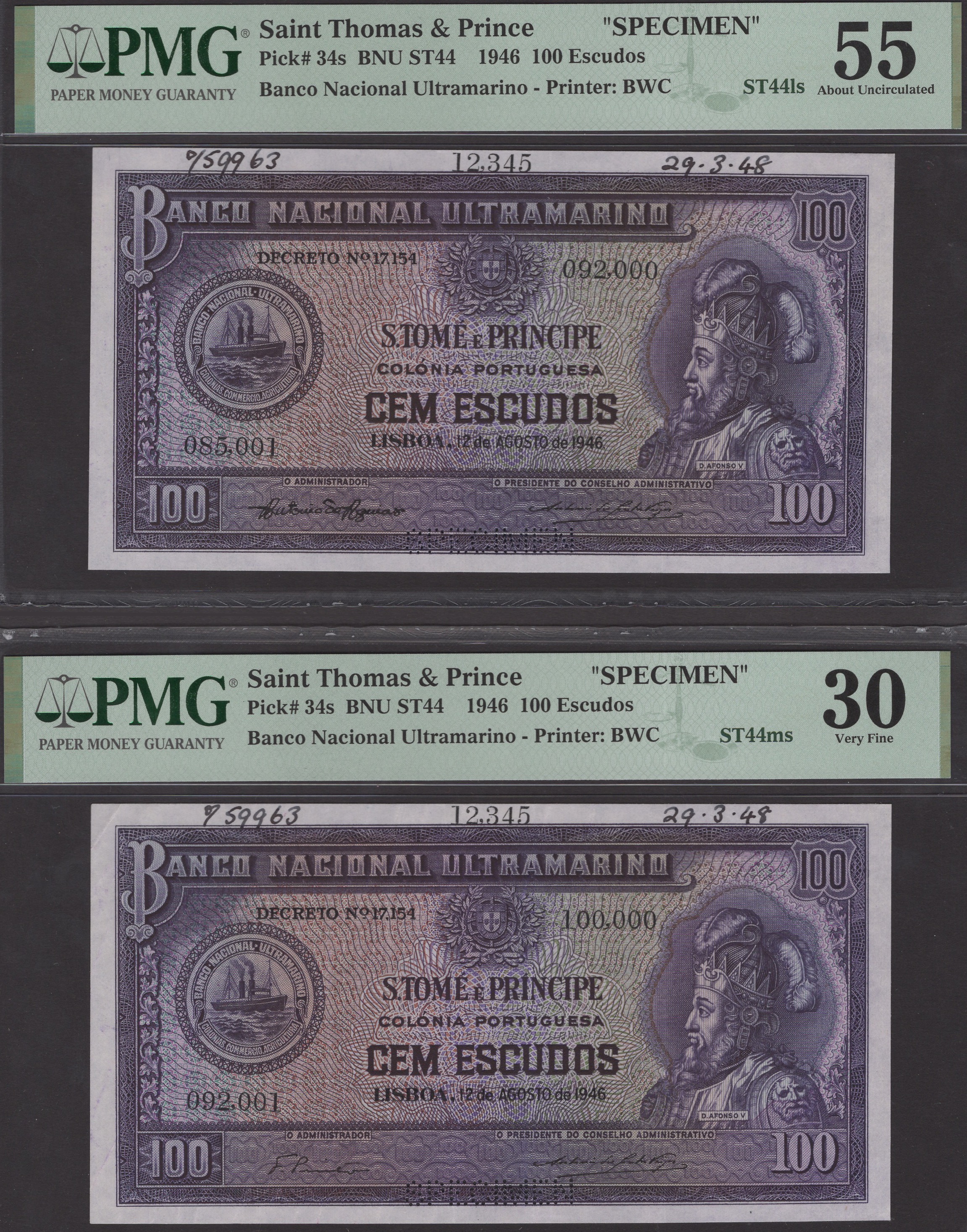 Banco Nacional Ultramarino, St Thomas & Prince, printers archival specimens for 100 Escudos...