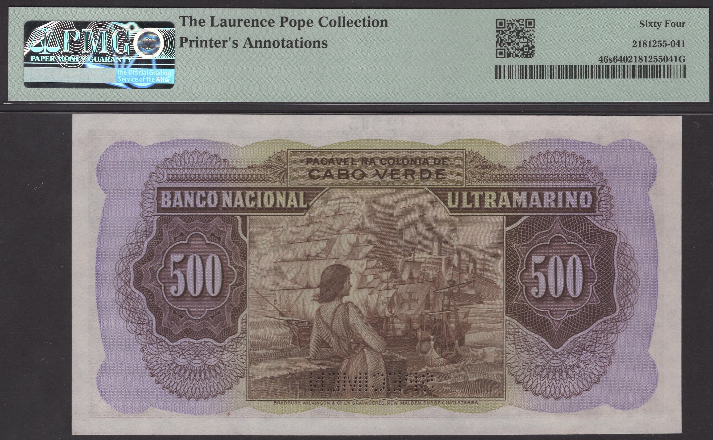 Banco Nacional Ultramarino, Cape Verde, printers archival specimen 500 Escudos, 16 November... - Image 2 of 2