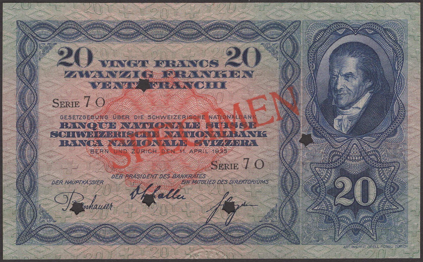 Schweiserische Nationalbank, specimen 20 Franken, 11 April 1935, series 7O, red SPECIMEN...