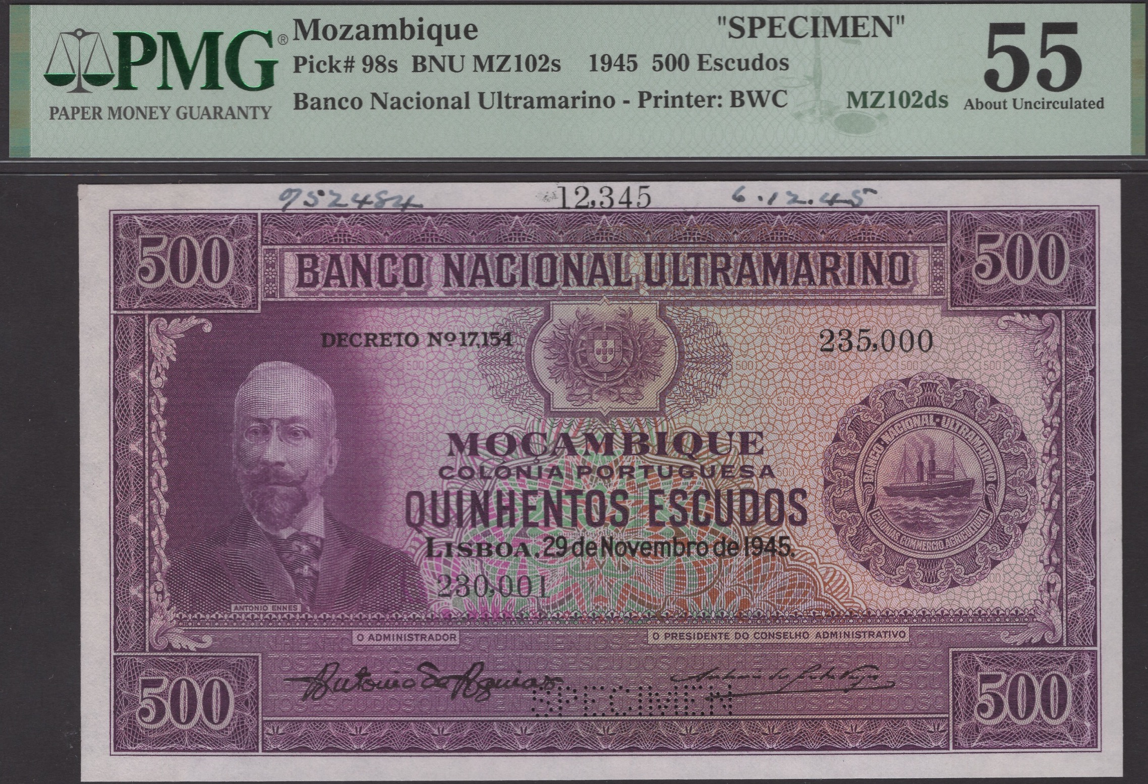 Banco Nacional Ultramarino, Mozambique, printers archival specimens for 500 Escudos (2), 29... - Image 3 of 4