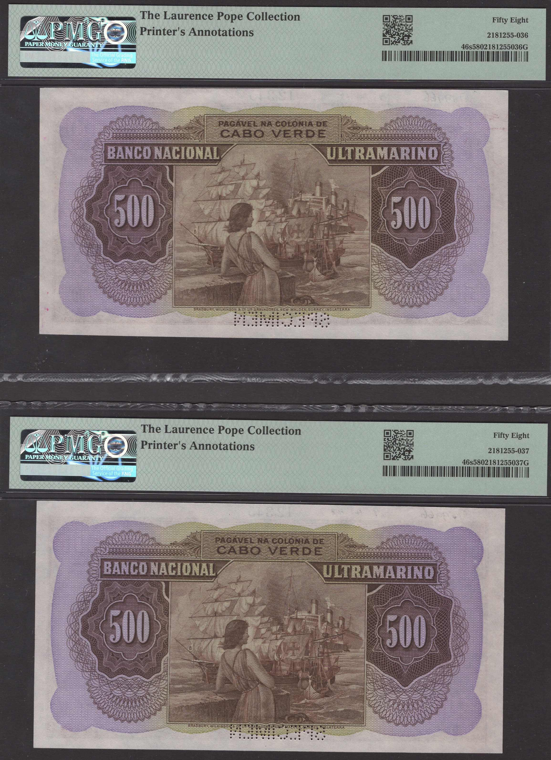 Banco Nacional Ultramarino, Cape Verde, printers archival specimen 500 Escudos (3), 16... - Bild 2 aus 4