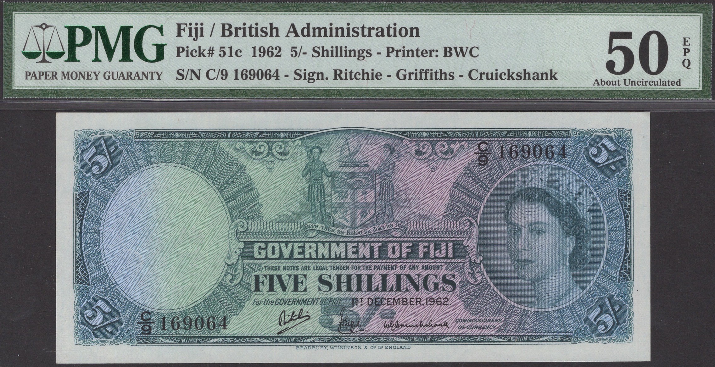 Government of Fiji, 5 Shillings, 1 October 1964, serial number C/9 169064, Richie,...