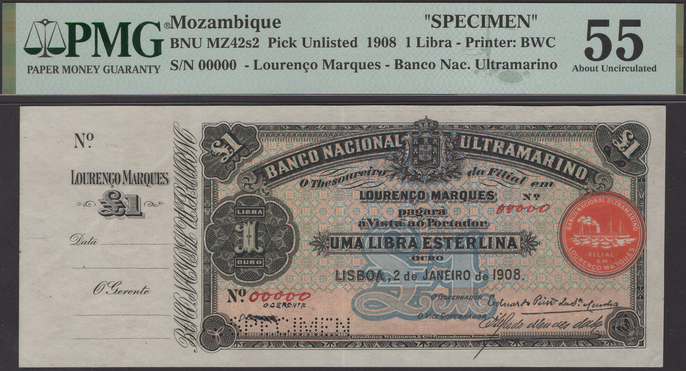 Banco Nacional Ultramarino, Mozambique, specimen 1 Libre Esterlina, 2 January 1908, hand...