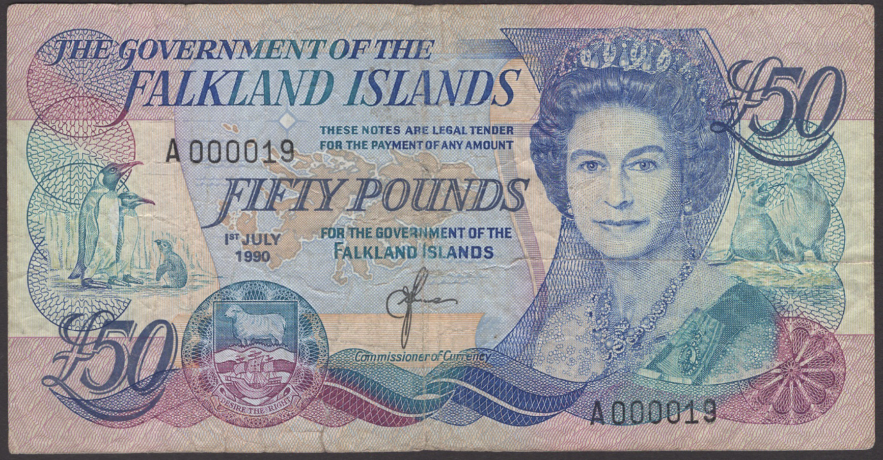Government of the Falkland Islands, Â£50, 1 July 1990, serial number A000019, fine,...