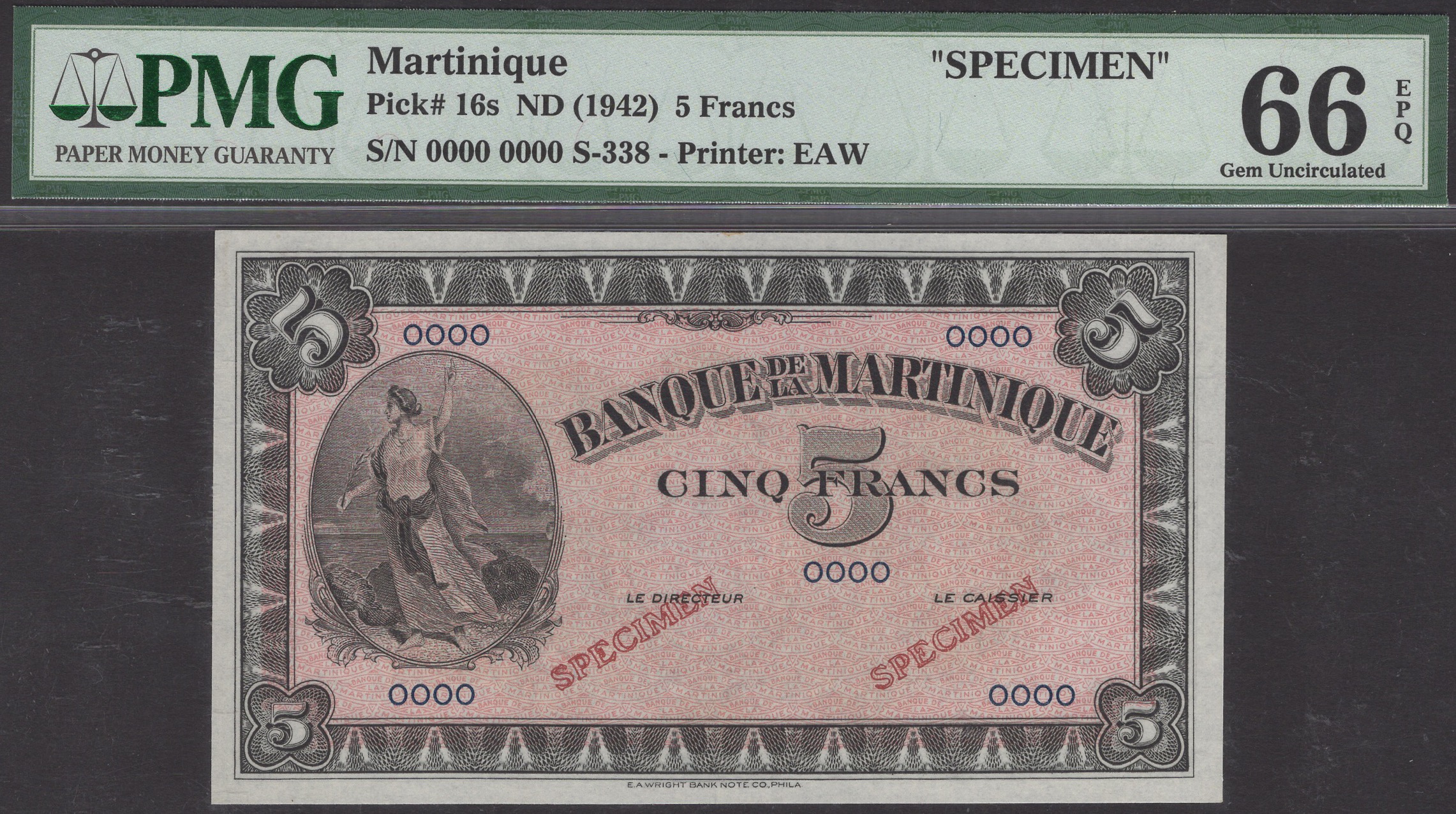 Banque de la Martinique, specimen 5 Francs, ND (1942), serial number 0000 0000, two hollow...