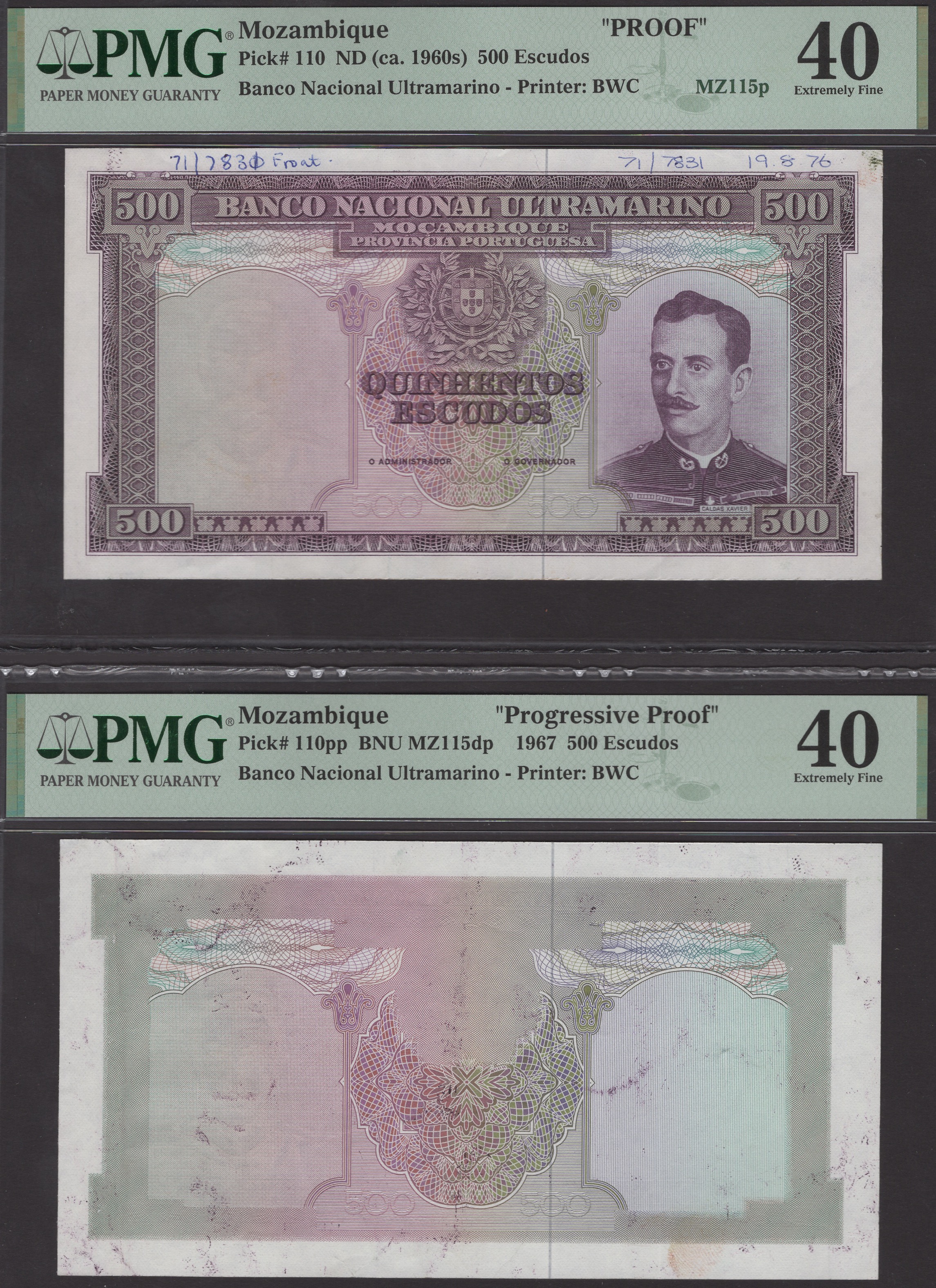 Banco Nacional Ultramarino, Mozambique, proofs for 500 Escudos (2), ND (1967), no serial...