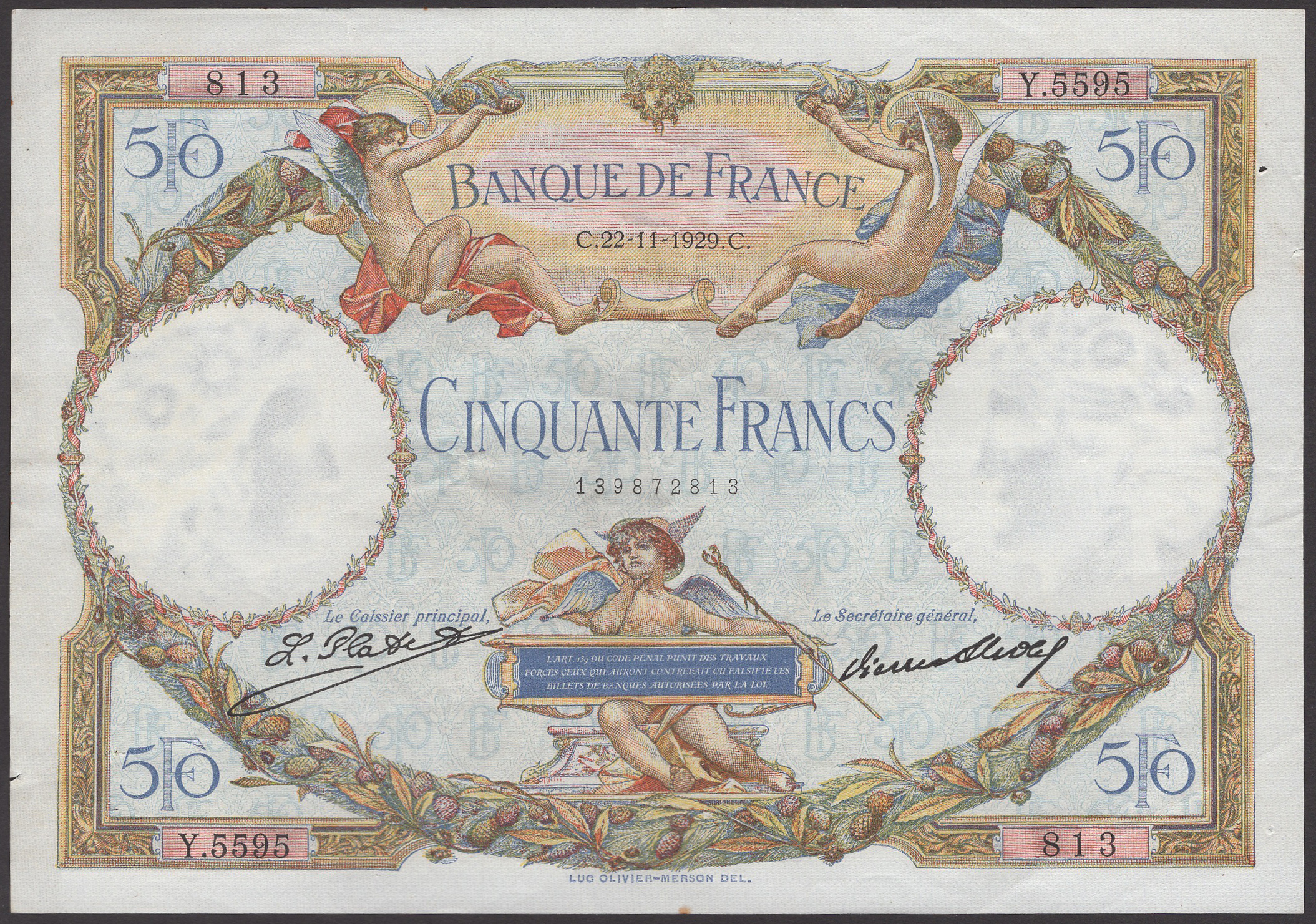 Banque de France, 50 Francs, 22 November 1929, serial number Y.5595 813, a couple of...