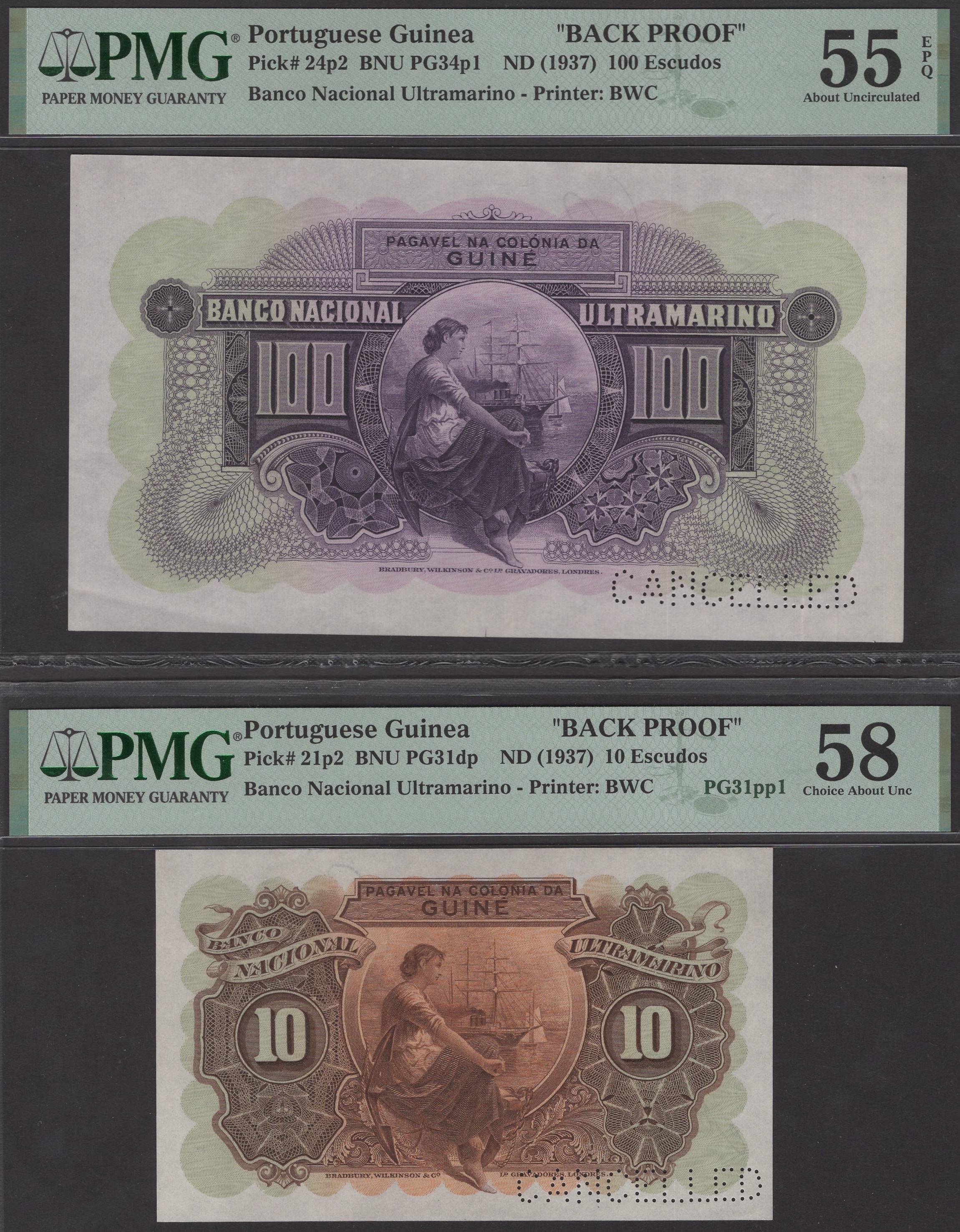 Banco Nacional Ultramarino, Portuguese Guinea, reverse proofs for 10, 20, 50 and 100...