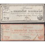 Mandat Territorial, 25 Francs, 1796, serial number 43762, also 100 Francs (2), serial...