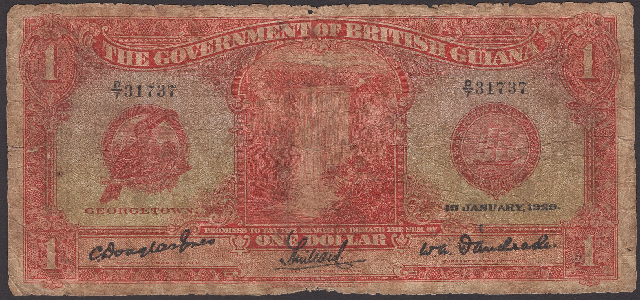 Government of British Guiana, $1, 1 January 1929, serial number D/7 31737, Waddington,...