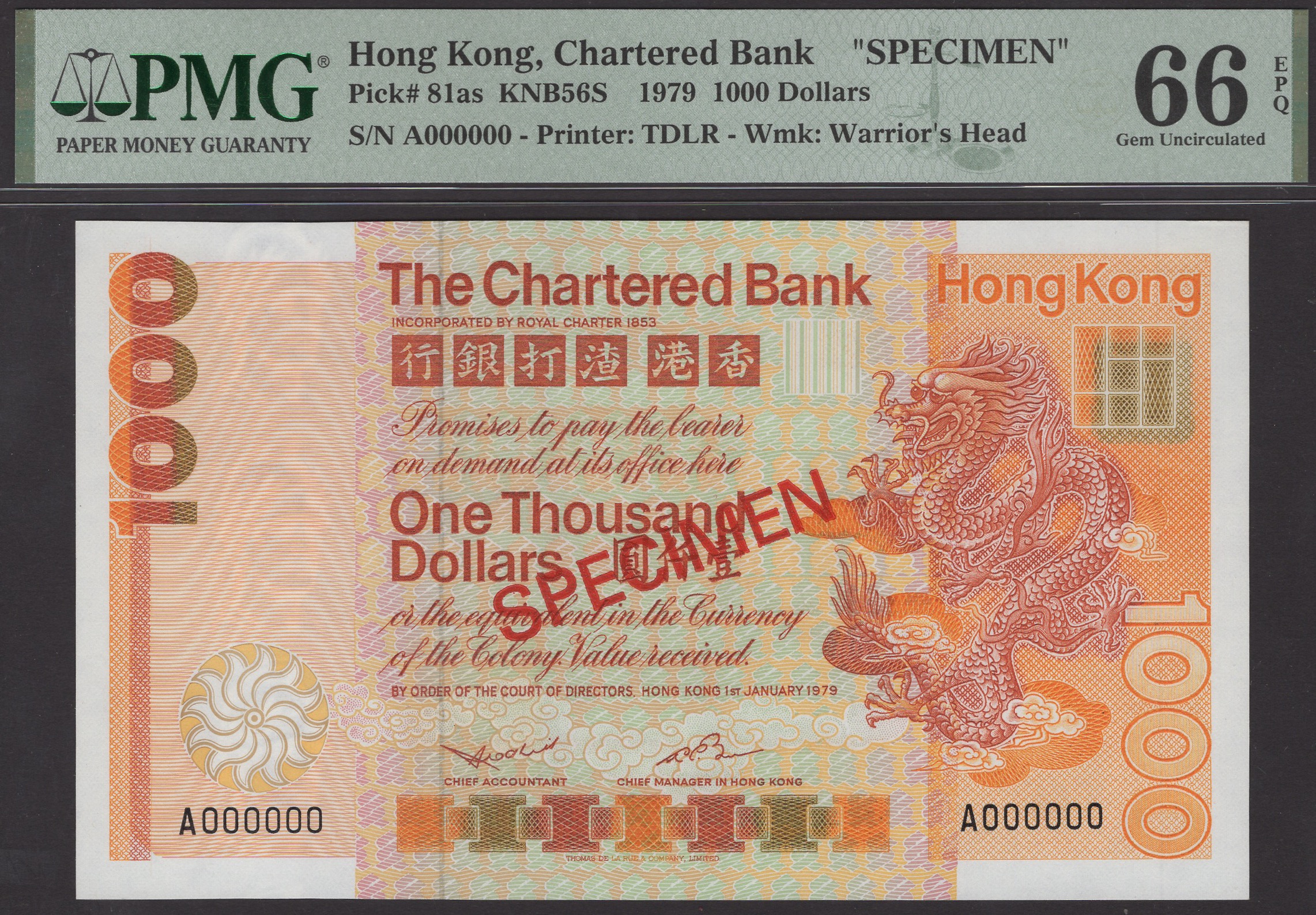 Chartered Bank, Hong Kong, specimen $1000, 1 January 1979, serial number A000000, Gledhill...