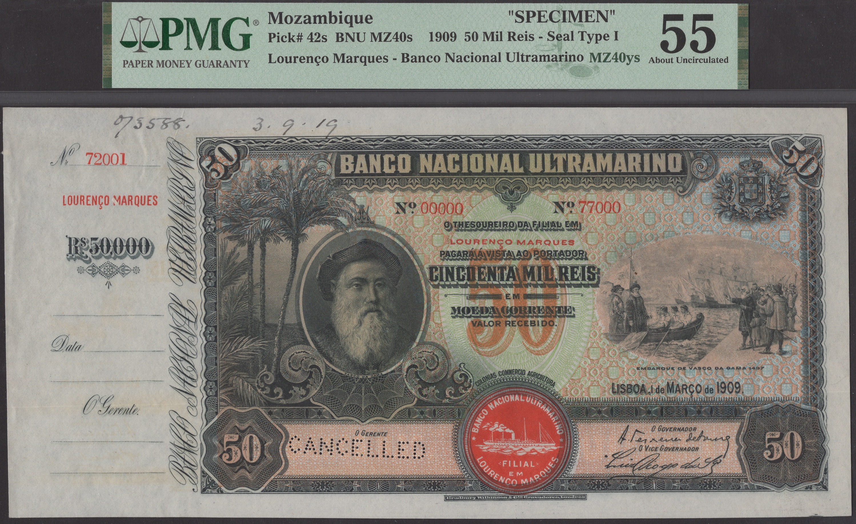 Banco Nacional Ultramarino, Mozambique, printers archival specimen 50 Mil Reis, 1 March...