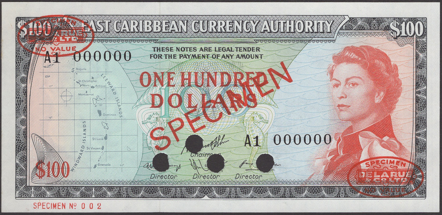 East Caribbean Currency Authority, specimen $100, ND (1974), serial number A1 000000,...