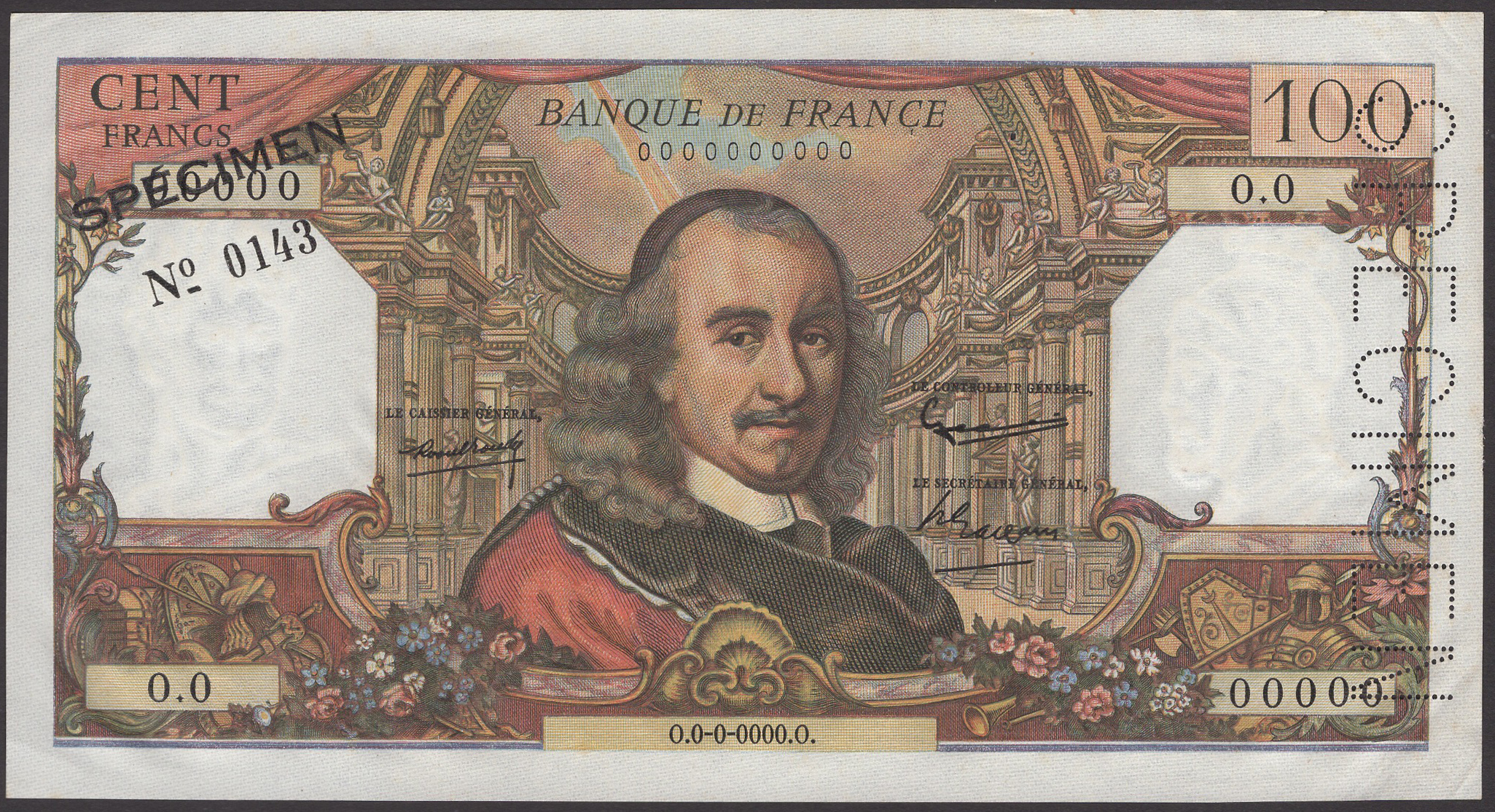 Banque de France, specimen 100 Francs, ND (1964-79), serial number 0.0 00000, black...