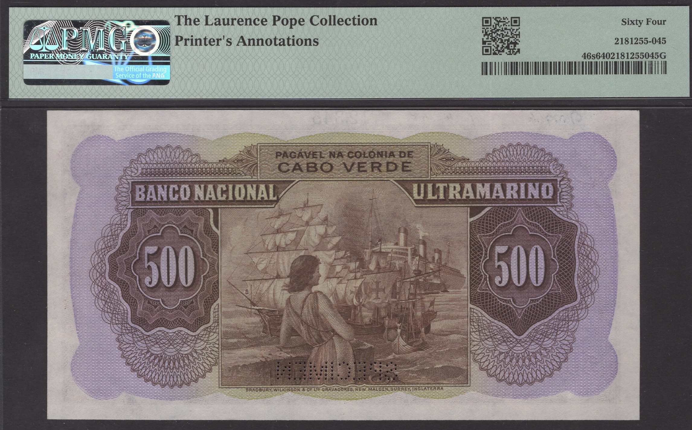Banco Nacional Ultramarino, Cape Verde, printers archival specimen 500 Escudos, 16 November... - Image 2 of 2