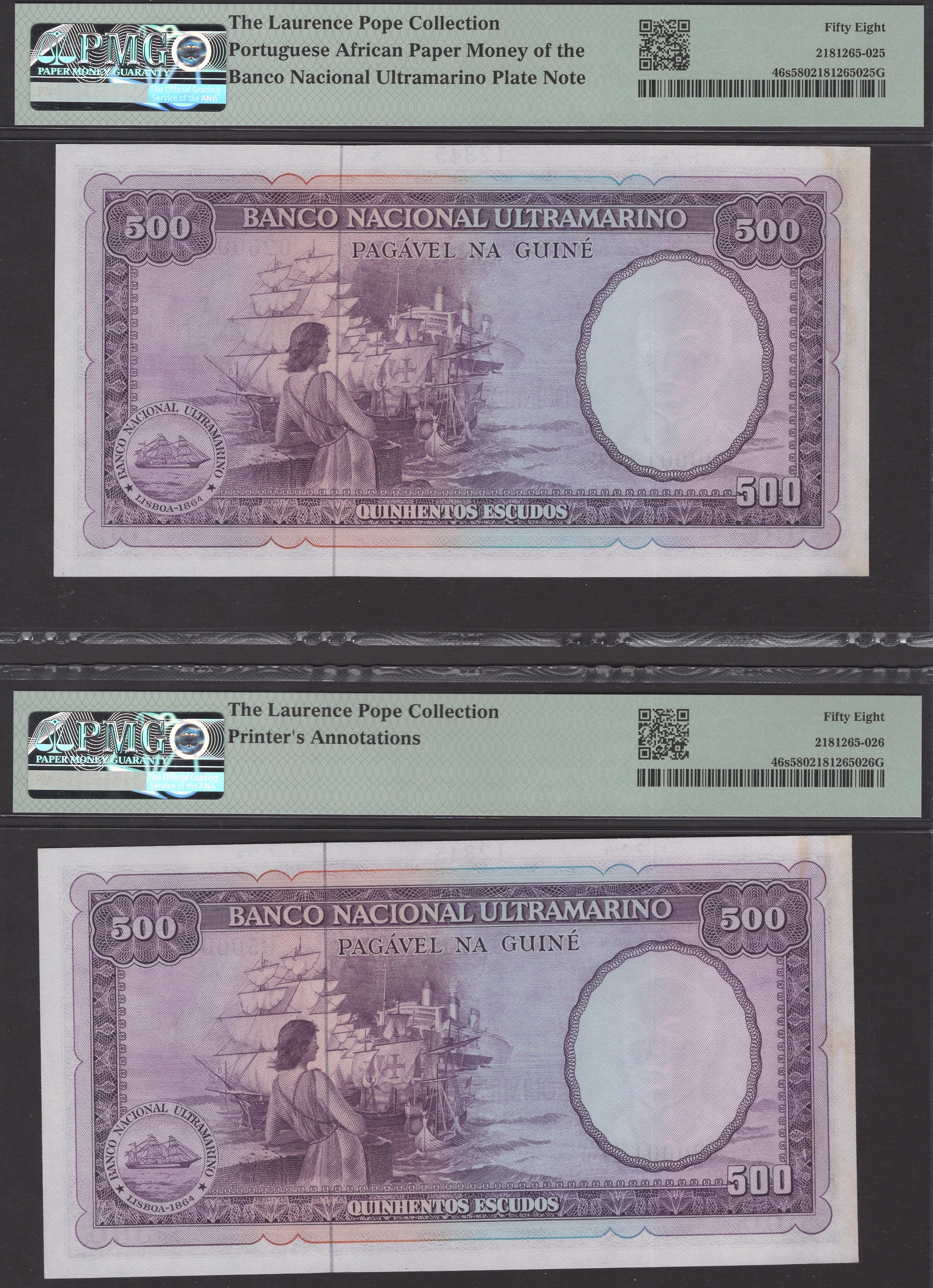 Banco Nacional Ultramarino, Portuguese Guinea, printers archival specimens for 500 Escudos... - Bild 2 aus 4