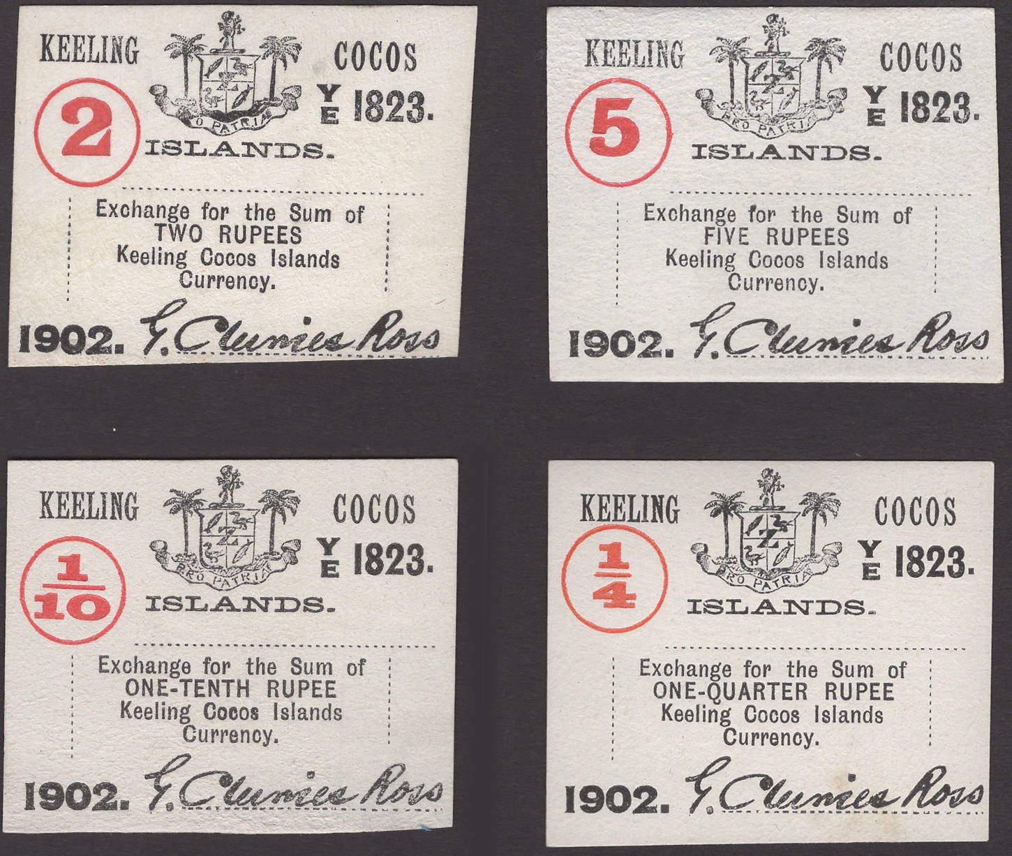 Keeling Cocos Islands, 1/10, 1/4, 2 and 5 Rupees, 1902, light foxing on some, otherwise...