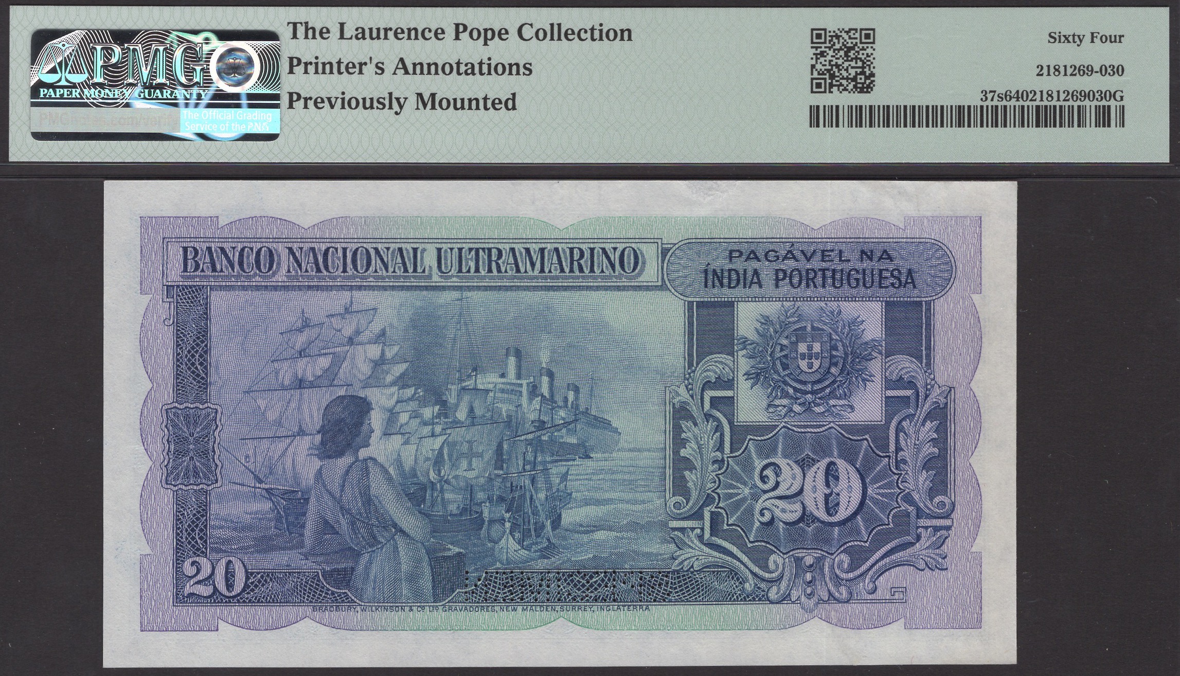 Banco Nacional Ultramarino, Portuguese India, printers archival specimen 20 Rupias, 29... - Image 2 of 2