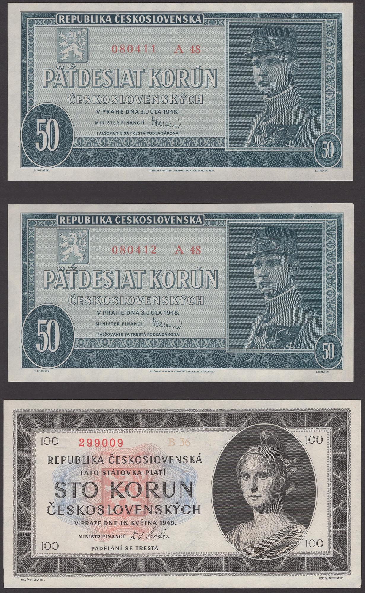 Republika Ceskoslovenska, 50 Korun (2), 1948, serial numbers A48 080411-12, also 100 Korun...