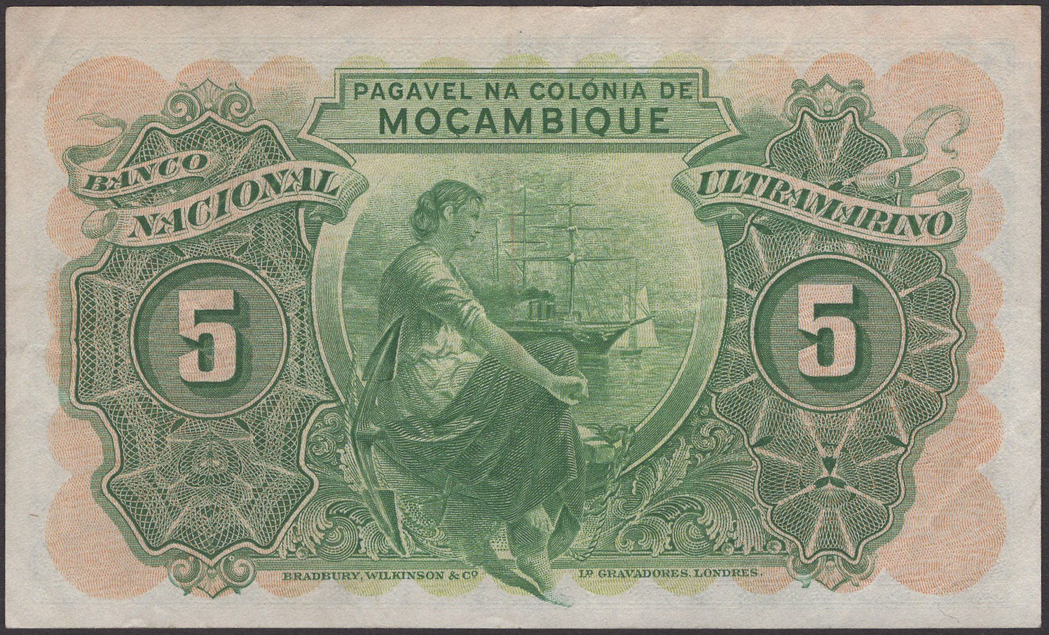 Banco Nacional Ultramarino, Mozambique, 5 Escudos, 15 April 1943, serial number 659921,... - Bild 2 aus 2