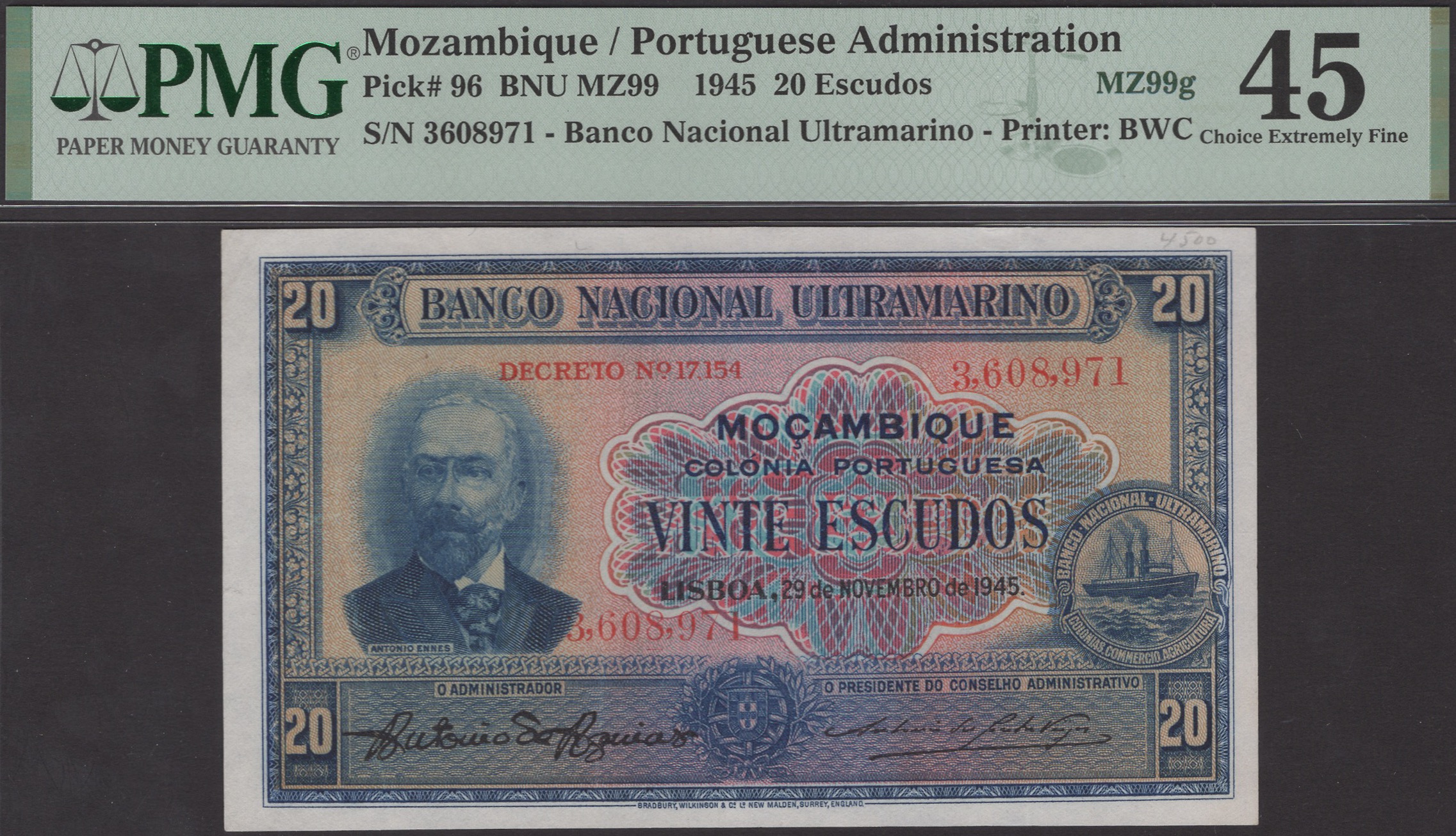 Banco Nacional Ultramarino, Mozambique, 20 Escudos, 25 November 1945, serial number...