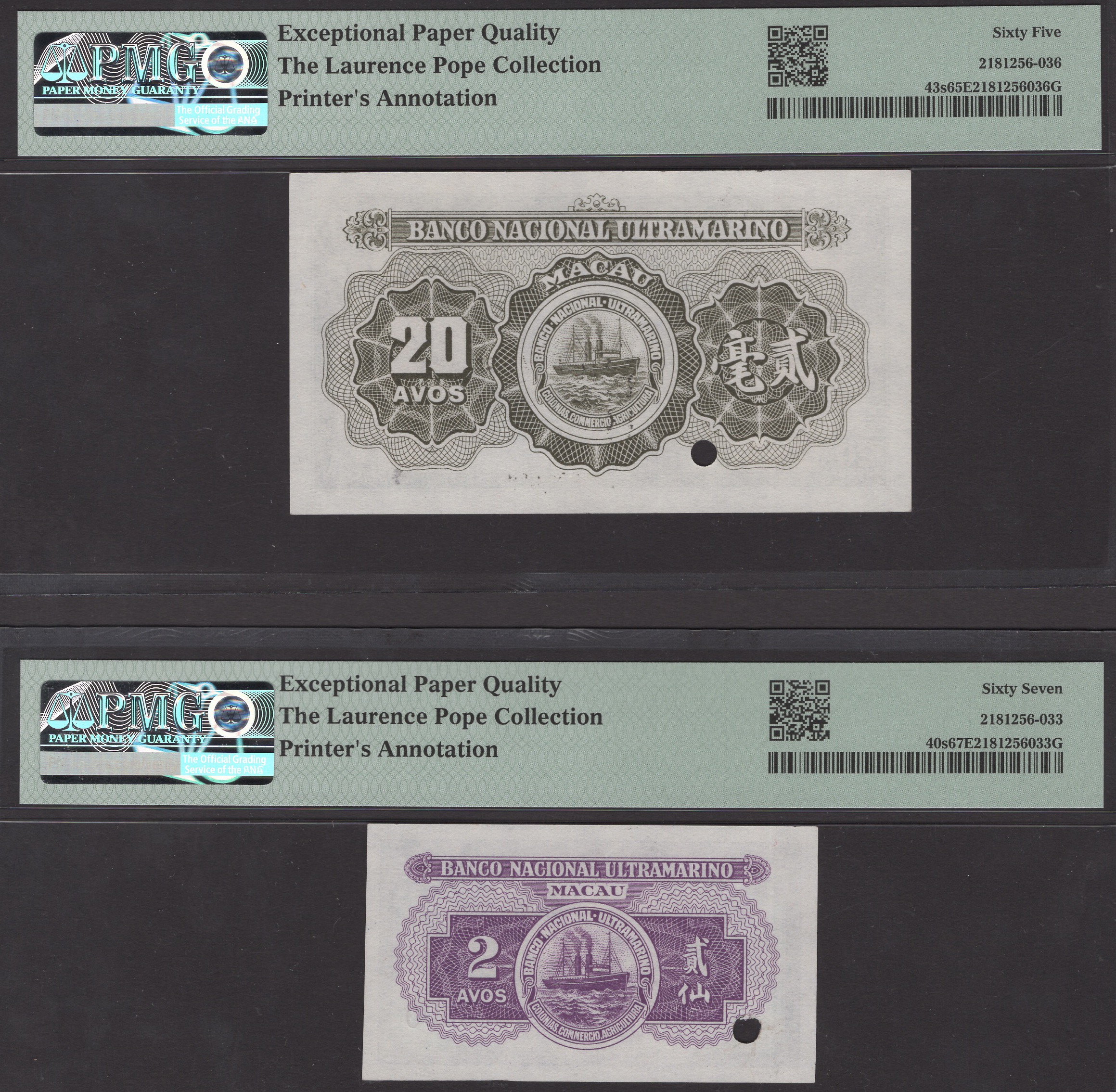 Banco Nacional Ultramarino, Macau, specimen proofs for 2, 5, 10 and 20 Avos, 19 January... - Image 2 of 6