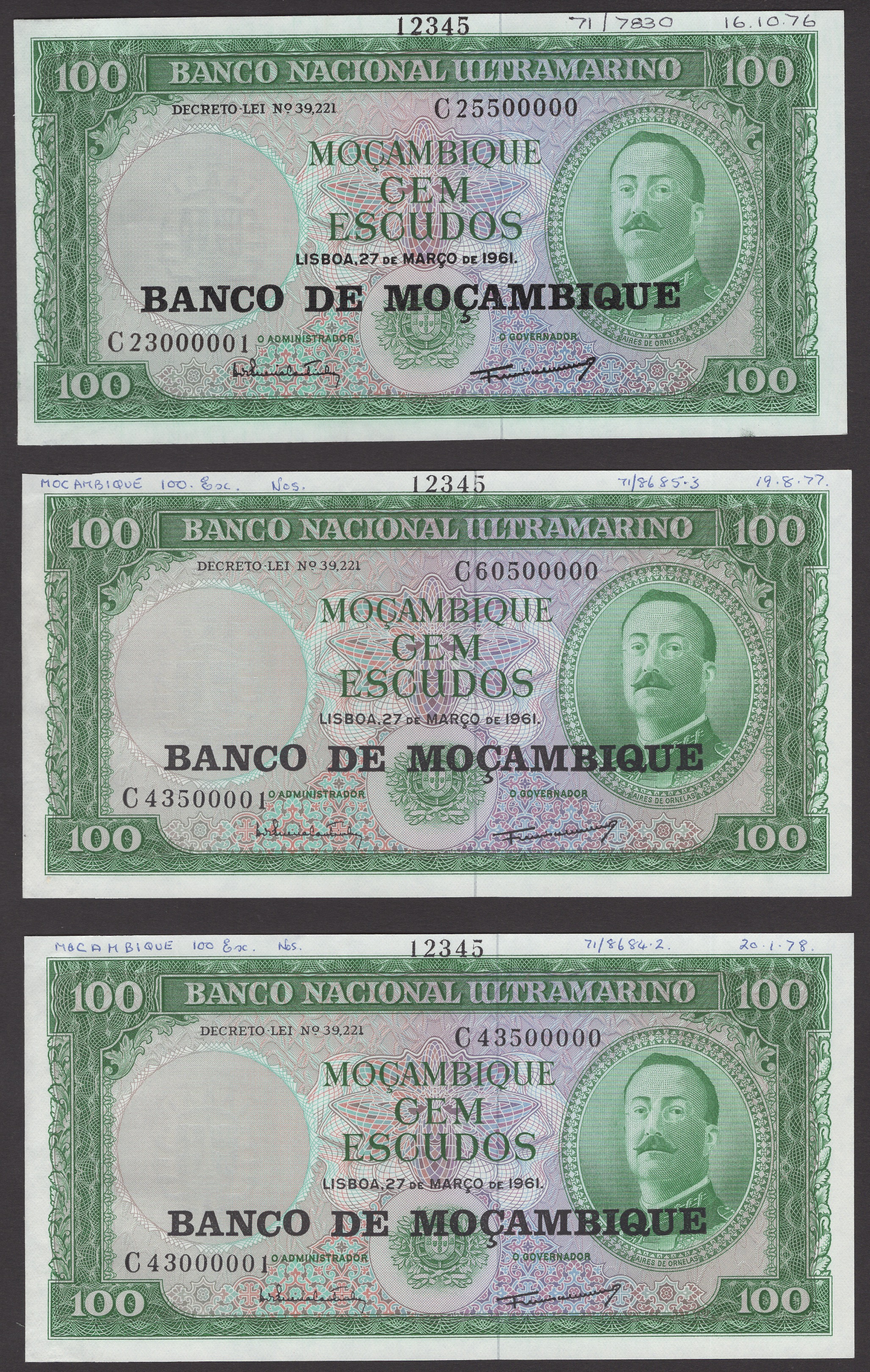 Banco de Mocambique, a remarkable full range of specimens and proofs for the overprinted...
