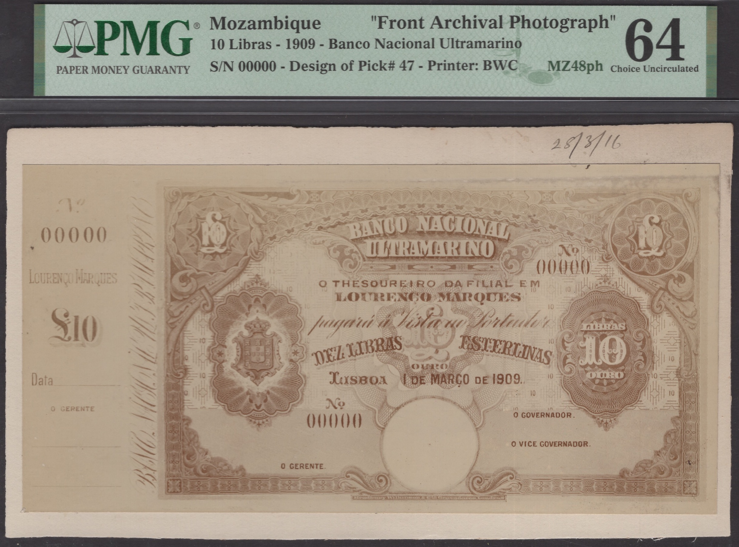 Banco Nacional Ultramarino, Mozambique, obverse and reverse archival photographs showing...