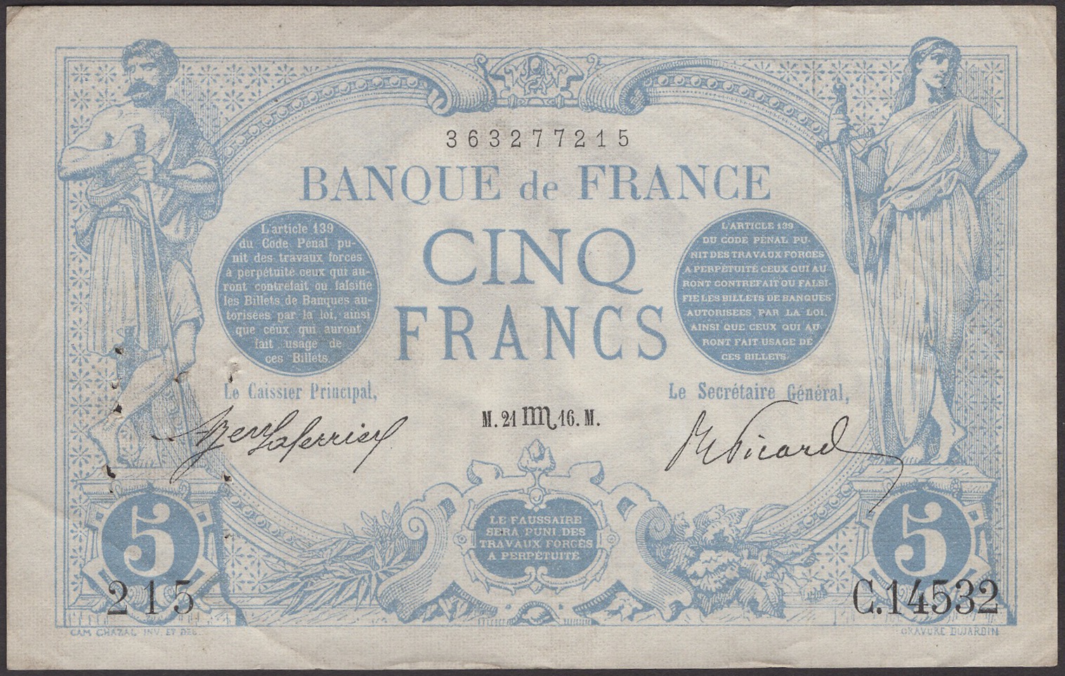 Banque de France, 5 Francs, 21 November 1916, serial number C.14532 215, multiple pinholes,...