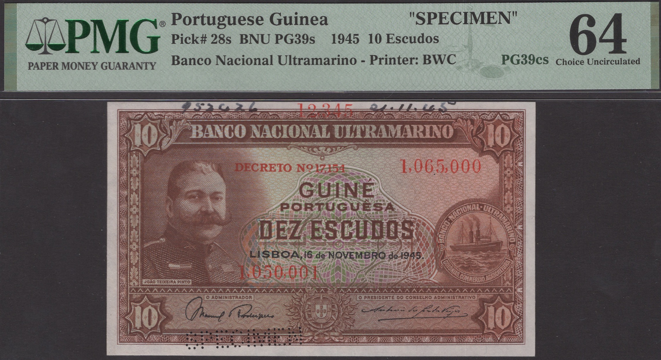 Banco Nacional Ultramarino, Portuguese Guinea, printers archival specimens for 10 Escudos... - Image 3 of 4